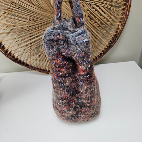 Handmade Yarn Knit Shoulder Bag Purse Navy Rust Grey Magnetic Snap Close - Picture 5 of 11